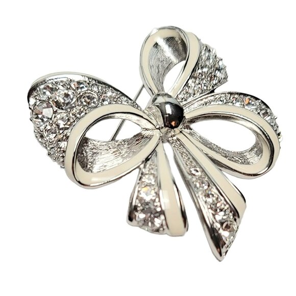 Nolan Miller Vintage Silver Tone White Enamel Clear Rhinestone Bow Brooch Signed - Picture 5 of 9